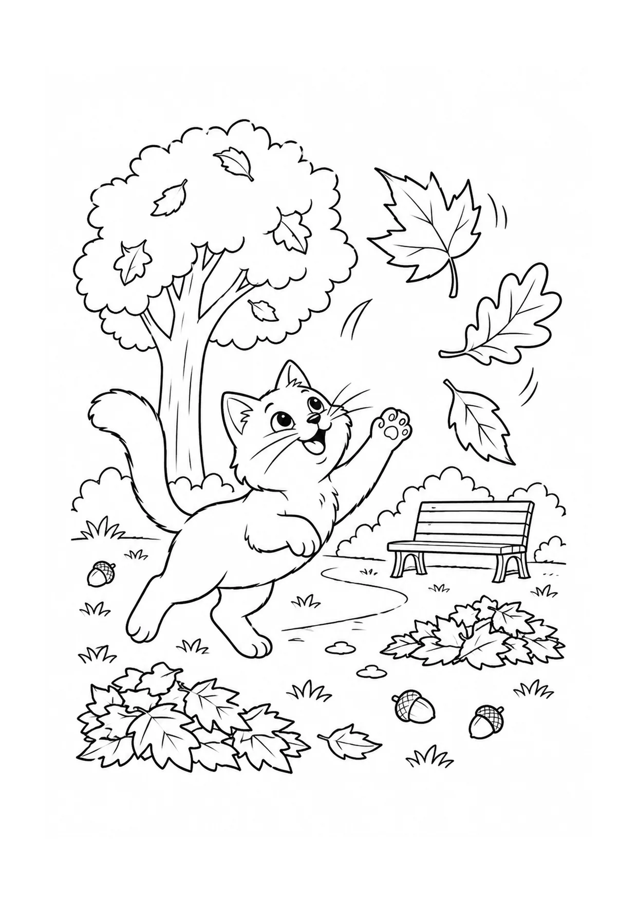 Cat Chasing Autumn Leaves coloring page: A cat pounces through autumn leaves along a garden path with pumpkins, a fence, and drifting leaf shapes.
