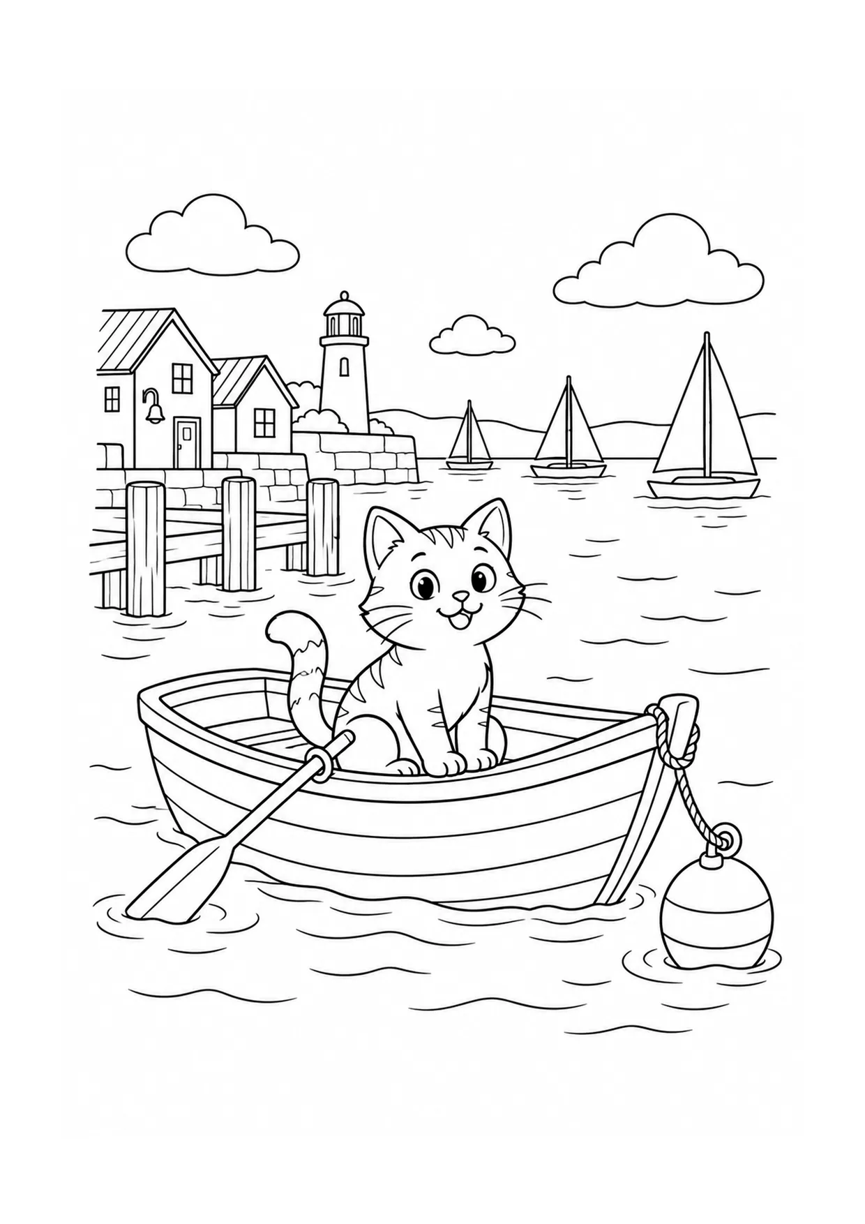 Cat Boat Harbor Morning coloring page: A cat sits in a small harbor boat surrounded by ropes, buoys, dock posts, folded sails, and calm water.