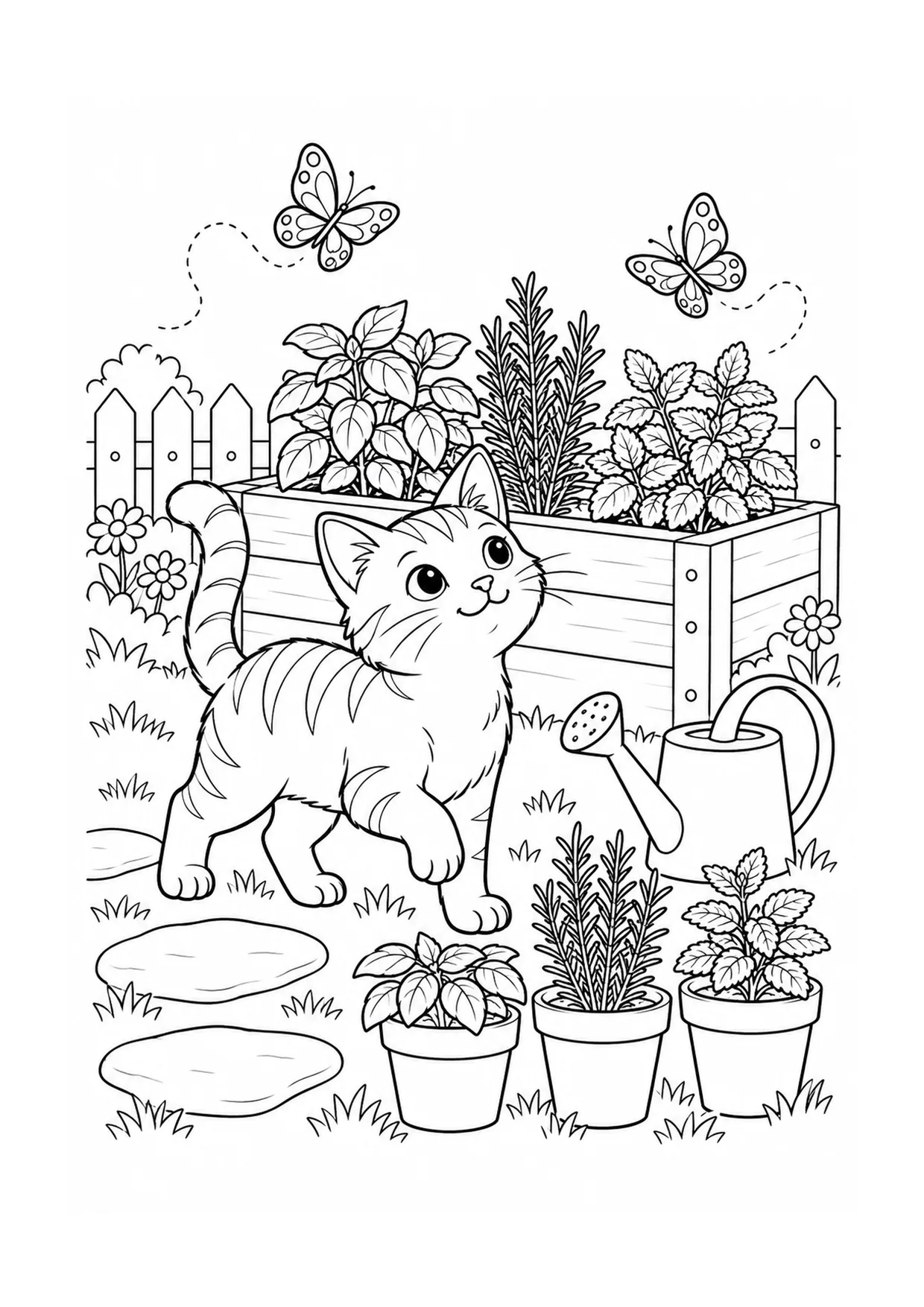 Cat in the Herb Garden coloring page: A cat sits among a herb garden with labeled-looking pots, watering can shapes, leaves, and a garden arch.