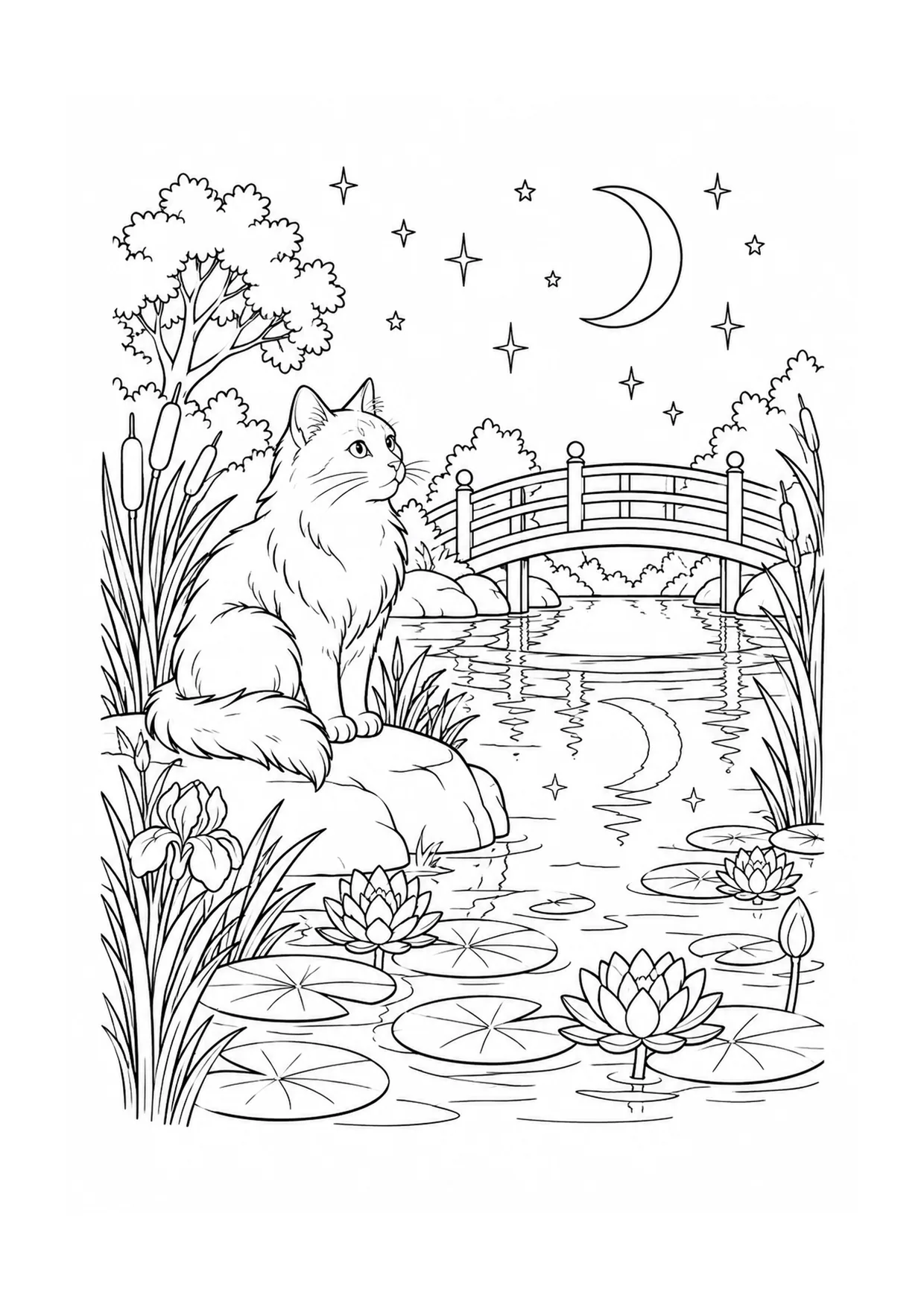 Cat by the Moonlit Pond coloring page: A cat gazes at a moonlit pond with reeds, lily pads, a tiny bridge, stars, and reflections on the water.