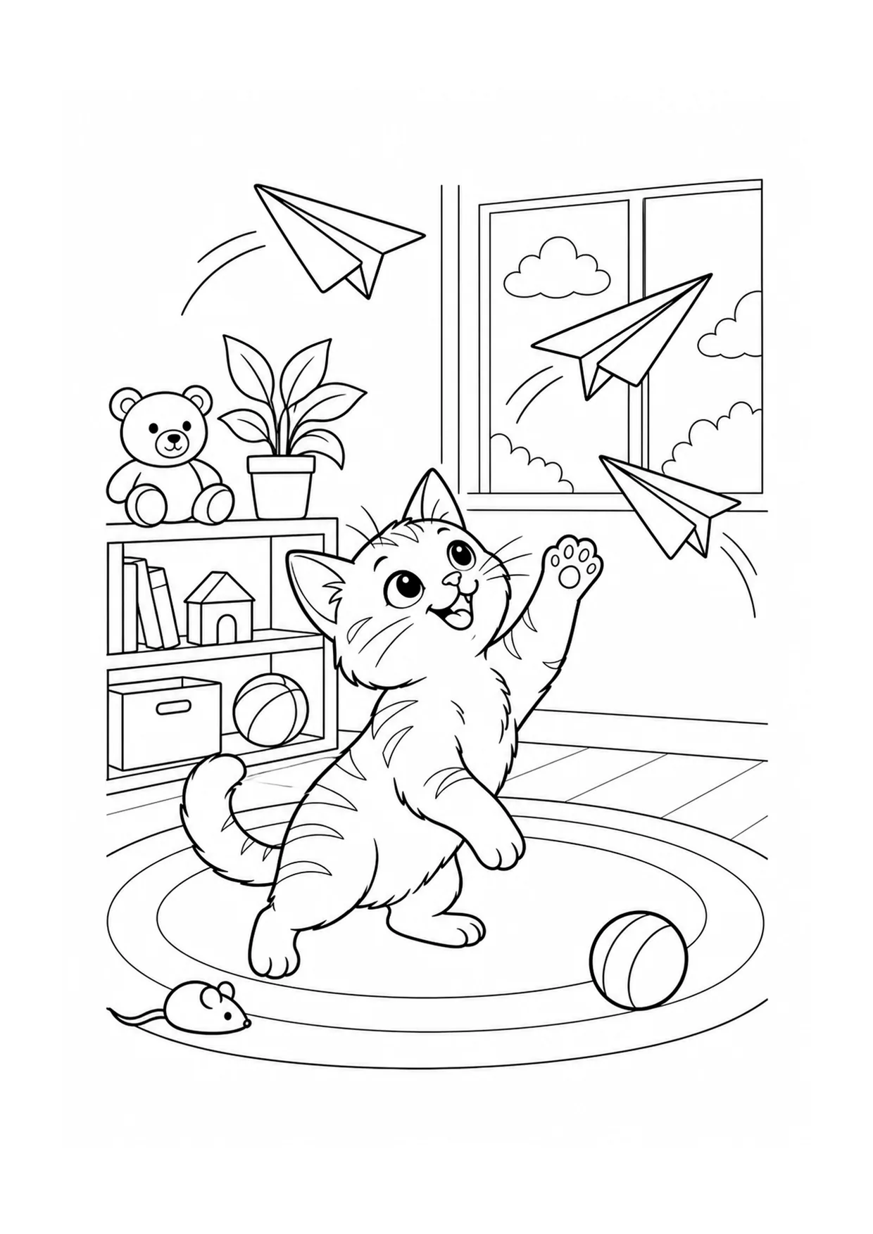 Cat and Paper Airplanes coloring page: A curious cat reaches toward paper airplanes drifting through a room with a desk, window, books, and clouds.