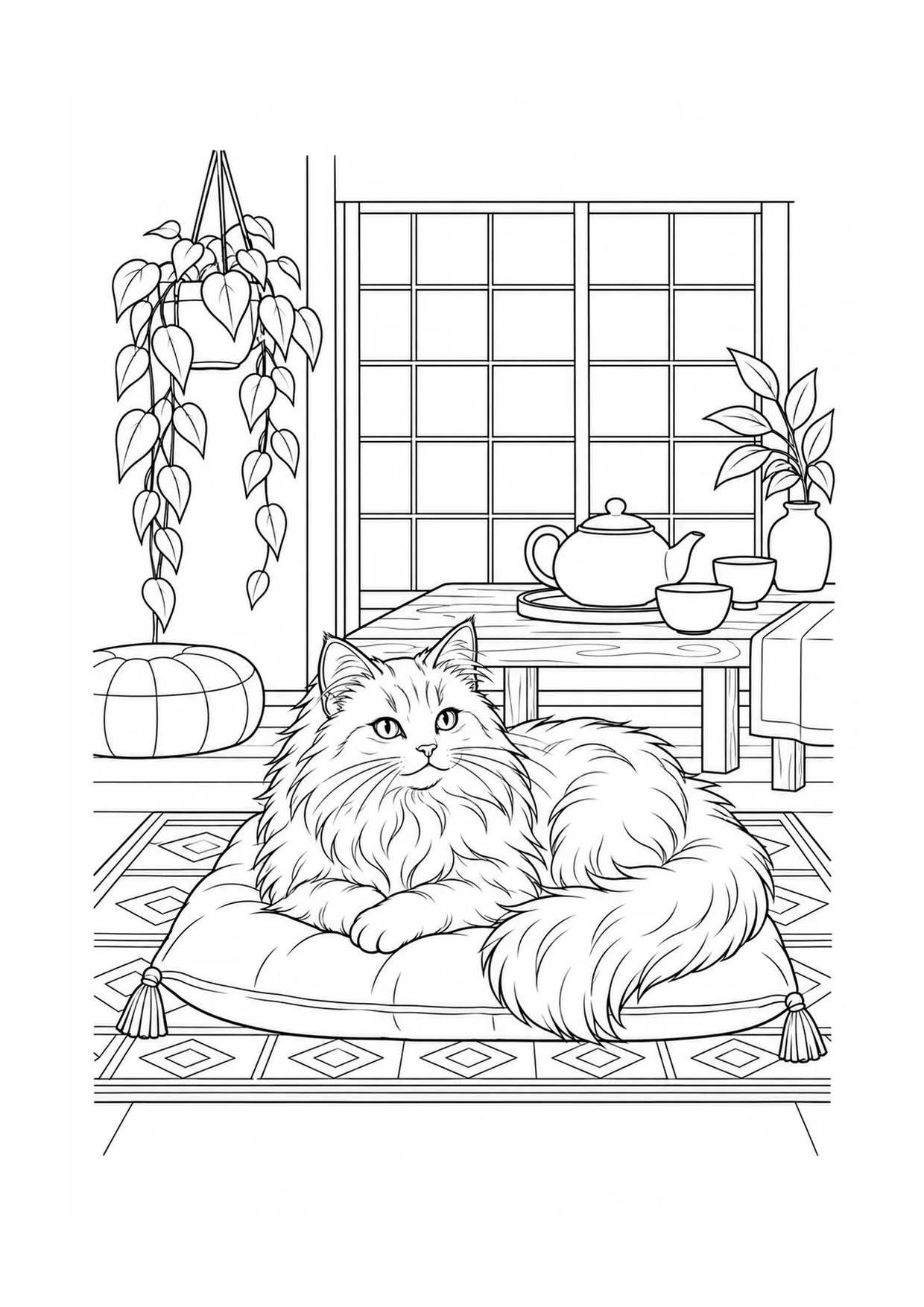 Cat in the Tea Room coloring page: A long-haired cat sits in a quiet tea room with a low table, teapot, patterned screen, and hanging plant.