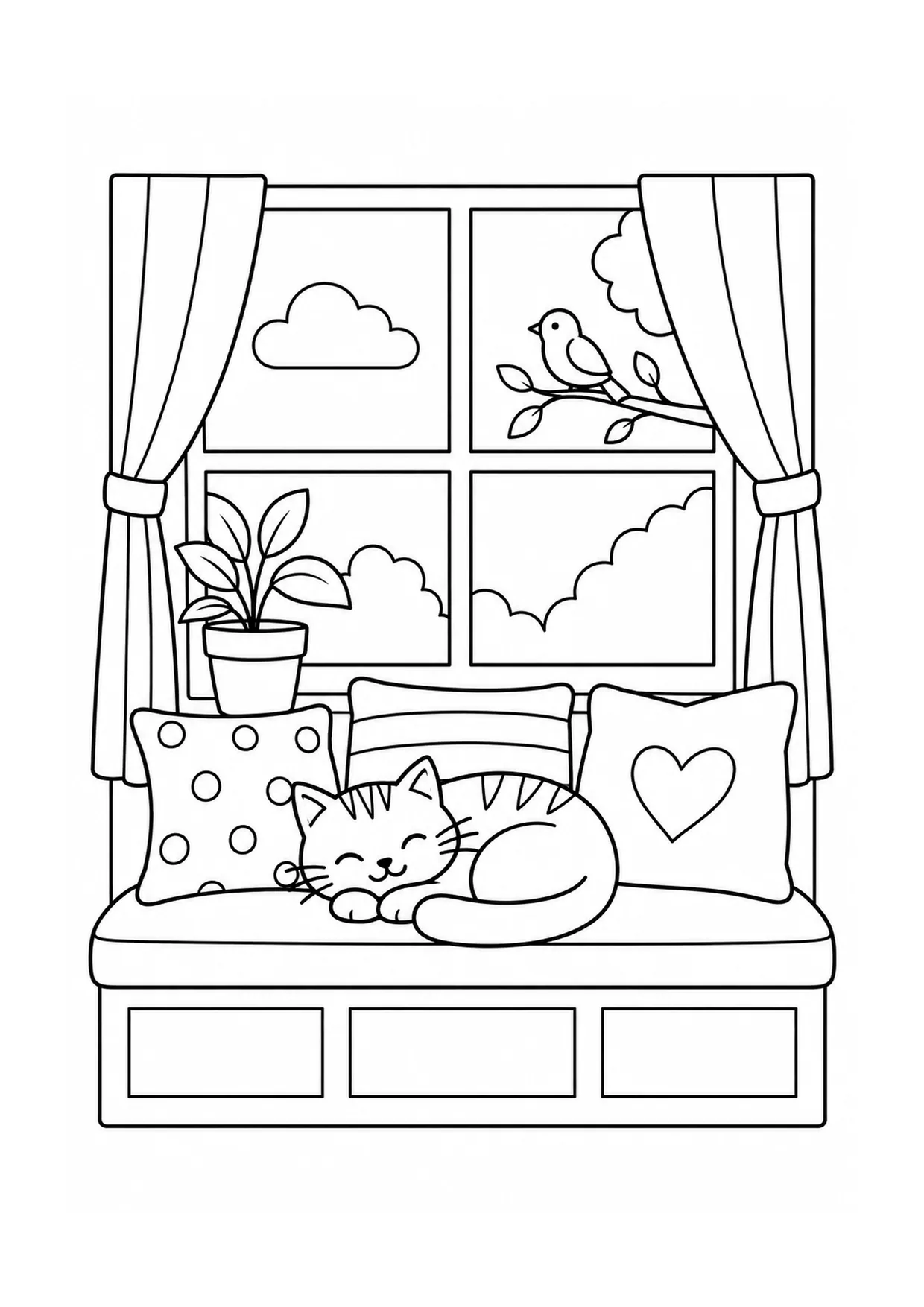 Cat on the Window Seat coloring page: A cat curls on a window seat beside potted plants, a curtain, a cushion, and a view of rooftops.