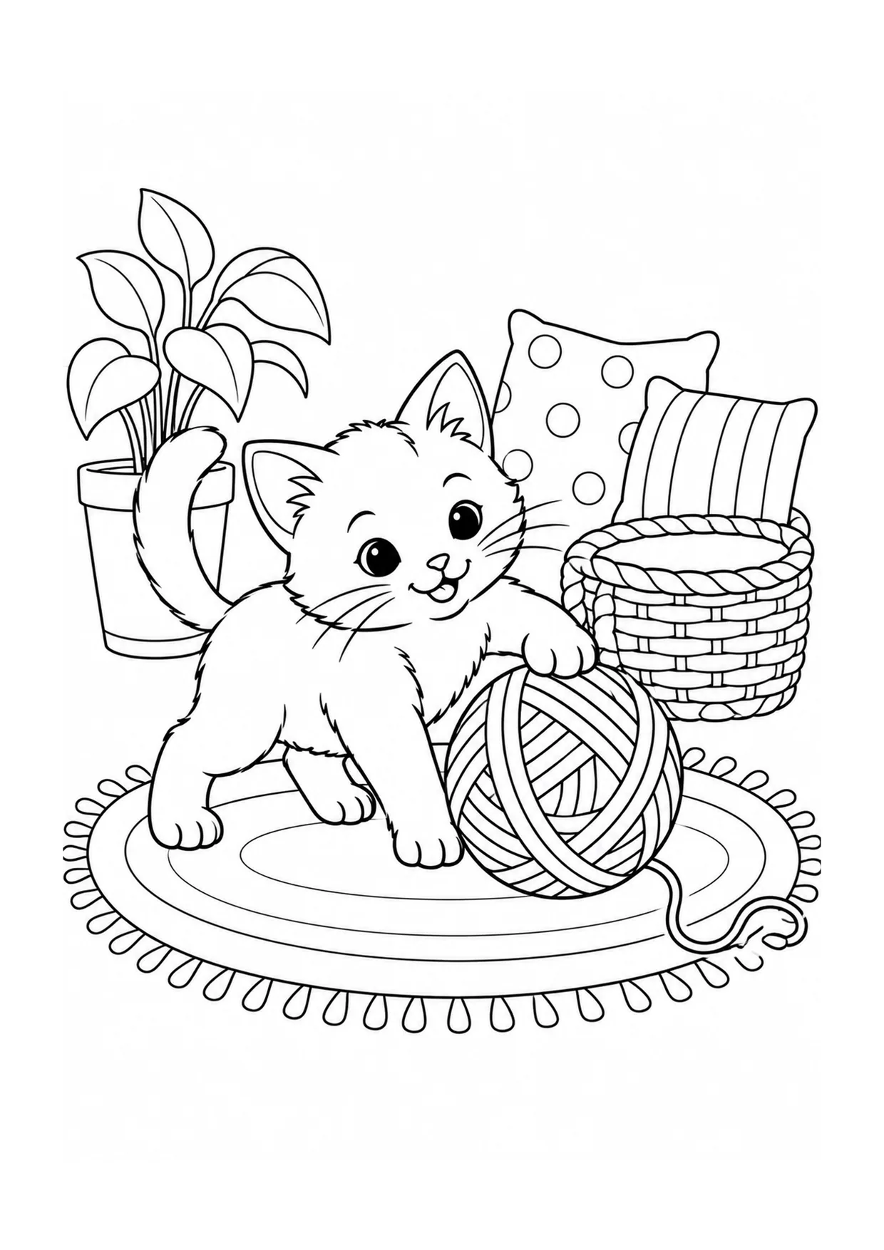 Cat and the Yarn Basket coloring page: A playful cat peeks from a yarn basket with looping thread, folded fabric, buttons, and a low stool nearby.