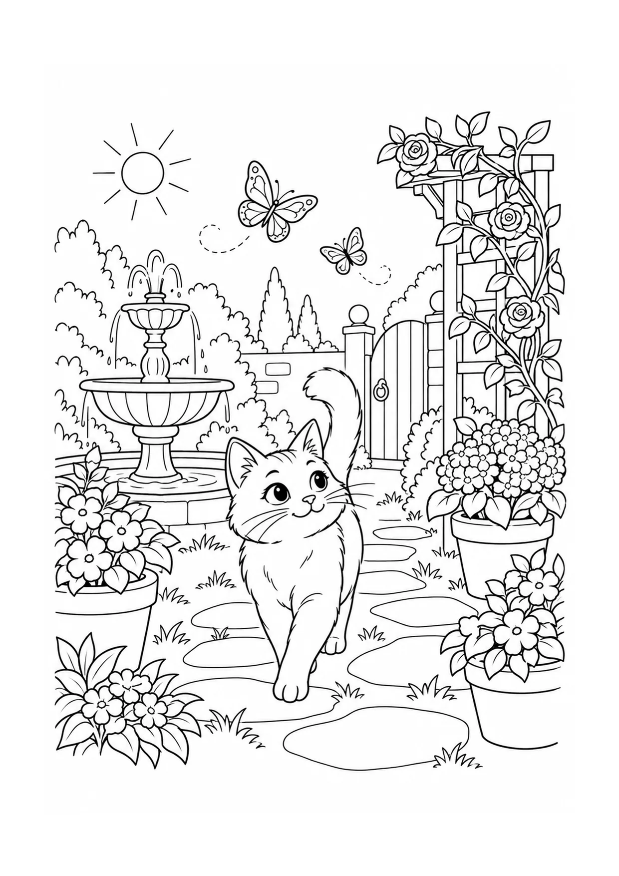 Garden Courtyard Cat coloring page: A cat wanders through a garden courtyard with stepping stones, flower pots, a bench, and climbing vines.