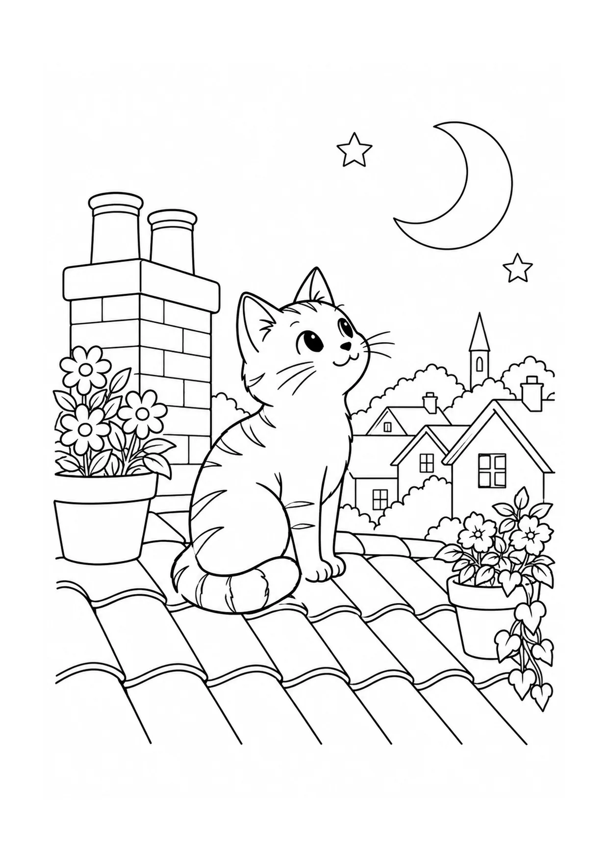 Rooftop Cat Watch coloring page: A cat watches the neighborhood from a rooftop ledge with chimneys, potted flowers, birds, and cloud shapes.