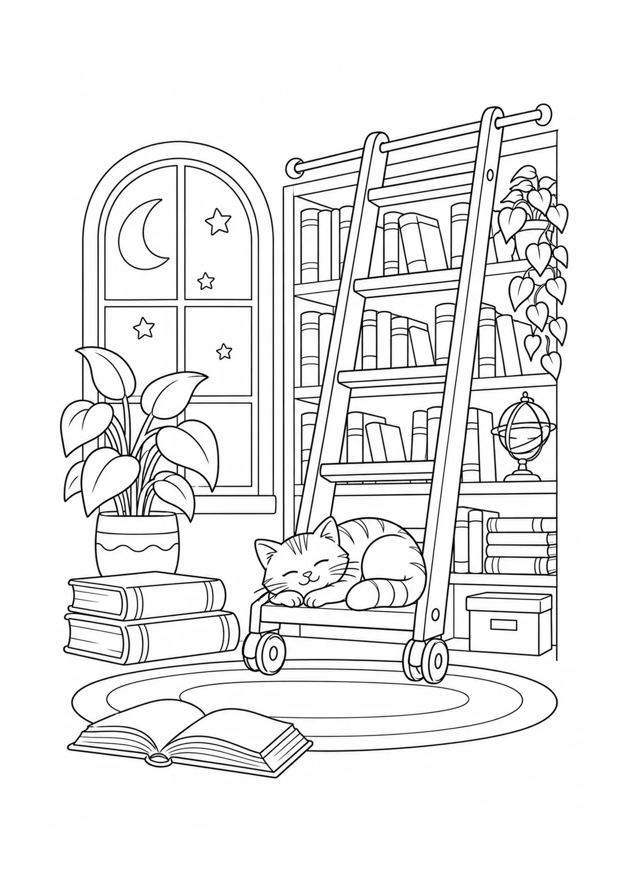 Sleeping Cat Library Ladder coloring page: A sleeping cat rests on a library ladder among books, a reading lamp, stacked volumes, and leafy plants.
