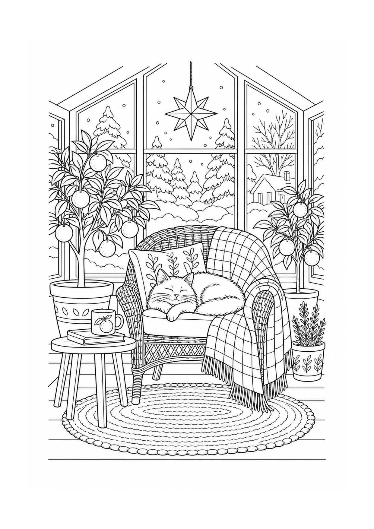 Winter Sunroom Cat coloring page: A cat warms itself in a winter sunroom beside frosted windows, cushions, a small tree, and snow outside.