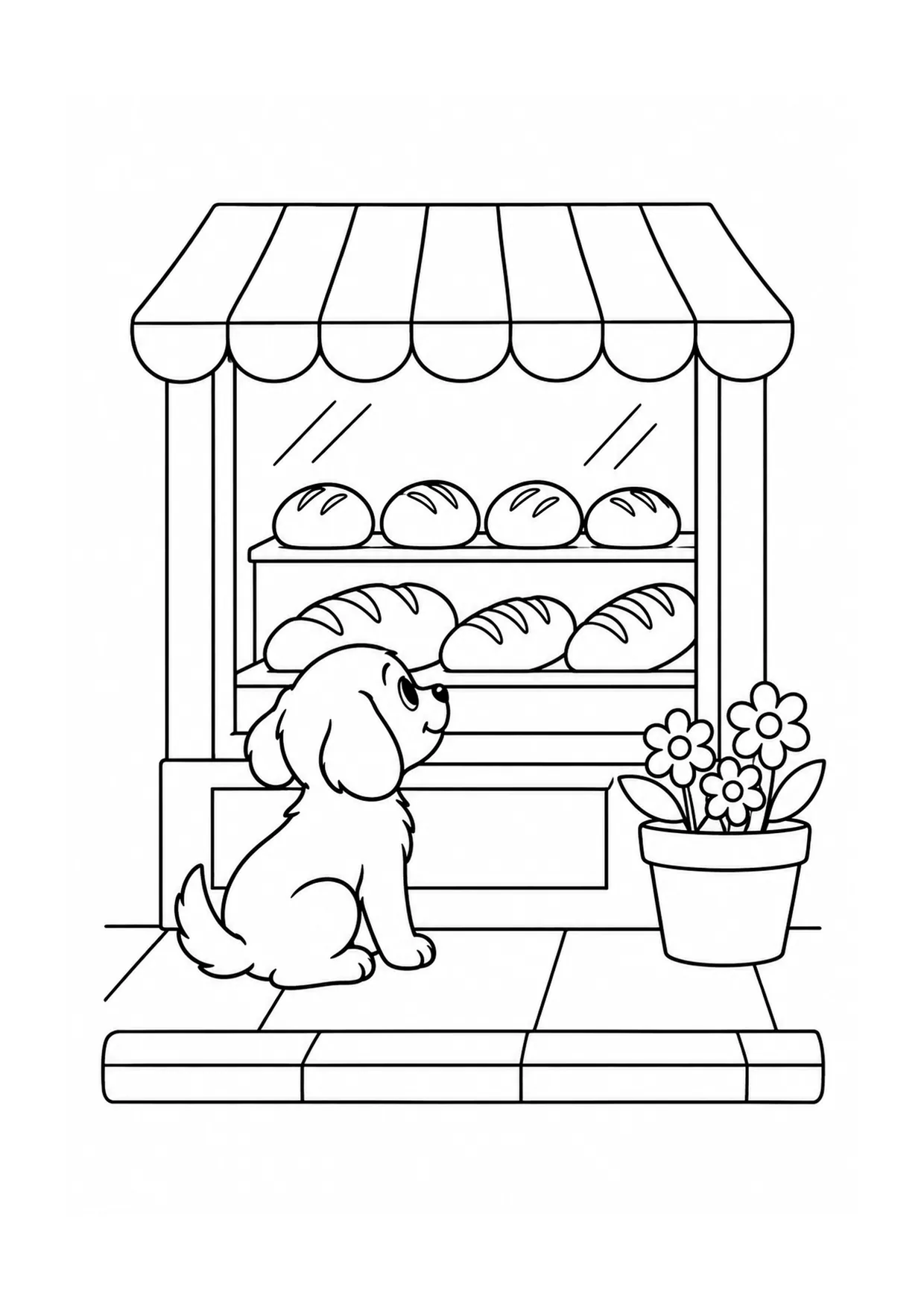 「パン屋の窓辺の犬」のぬりえ：犬がパン、しま模様のひさし、花箱、ドアベルのあるパン屋の窓をのぞいています。