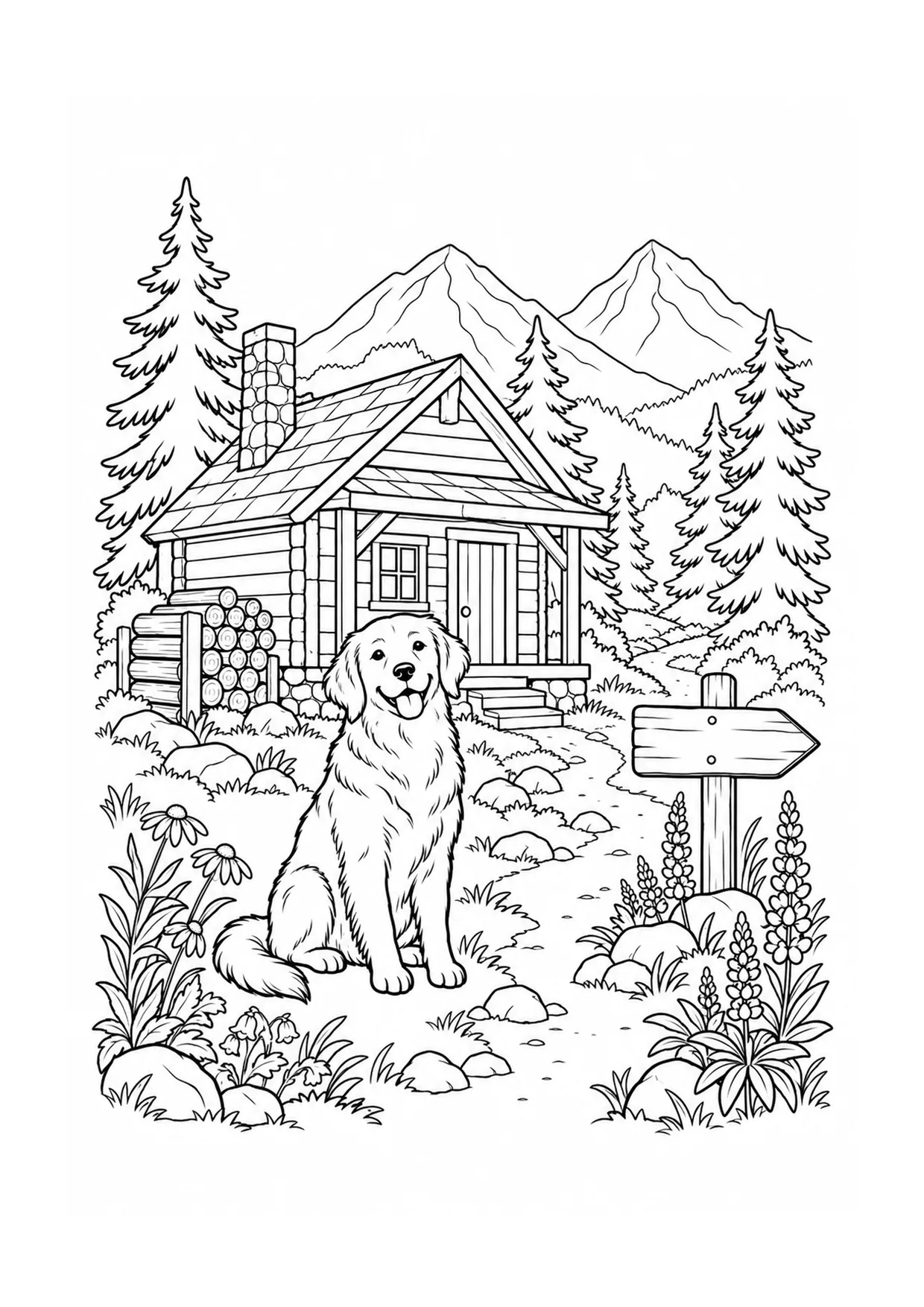 「山小屋のそばの犬」のぬりえ：犬が薪の山、松林、道標、重なる山々のある山小屋の外に座っています。