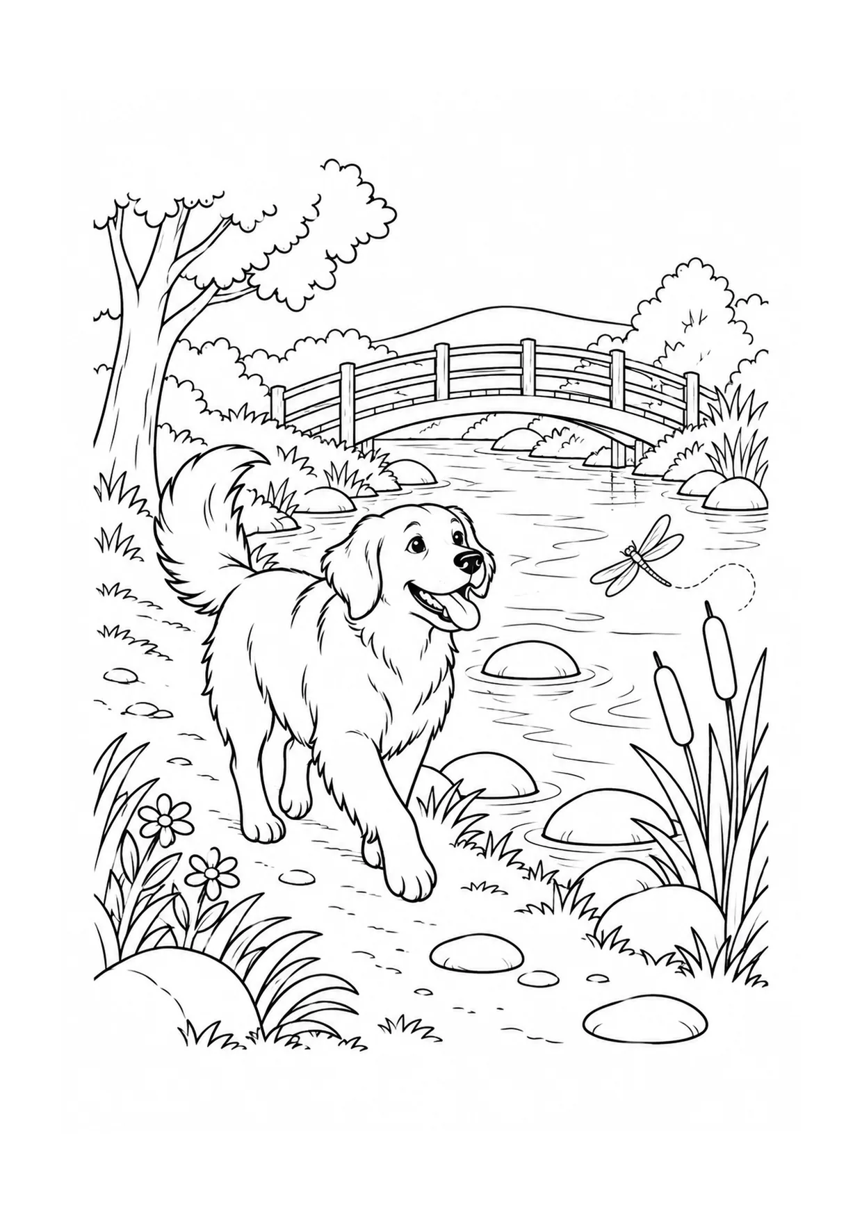 「川辺の道の犬」のぬりえ：犬が飛び石、アシ、小さな橋、道に沿う水紋のある川辺の道を歩いています。