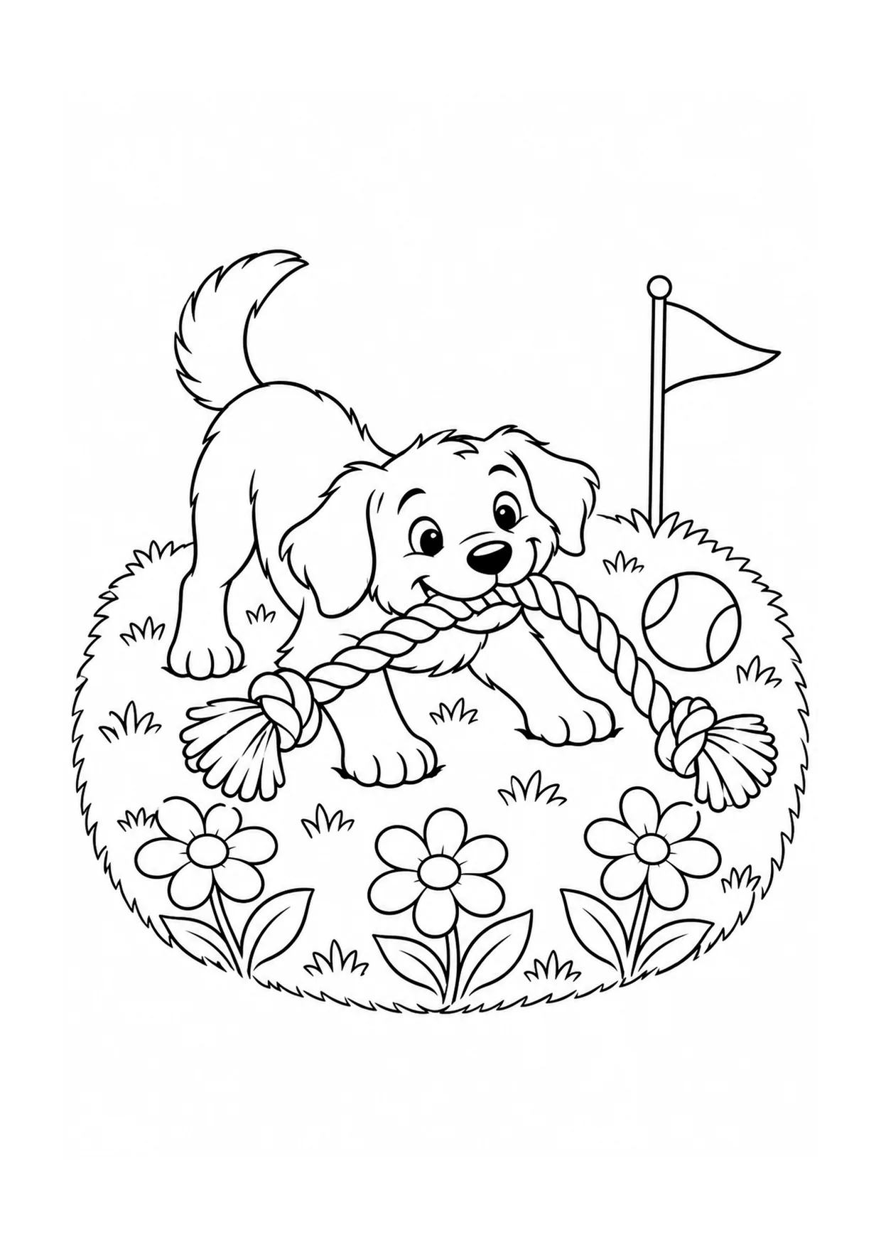 「ロープのおもちゃと犬」のぬりえ：遊び好きな犬がかご、おもちゃ、葉の植物、しま模様のマットのある庭でロープを引っ張っています。