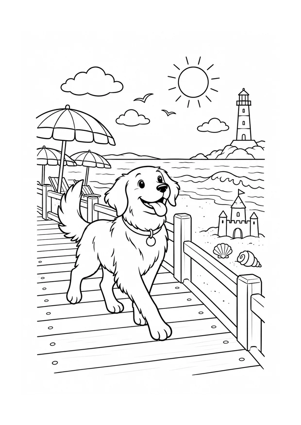 「海辺の木道の犬」のぬりえ：犬が手すり、ビーチパラソル、貝がら、波、明るい水平線のある海辺の木道を駆けています。