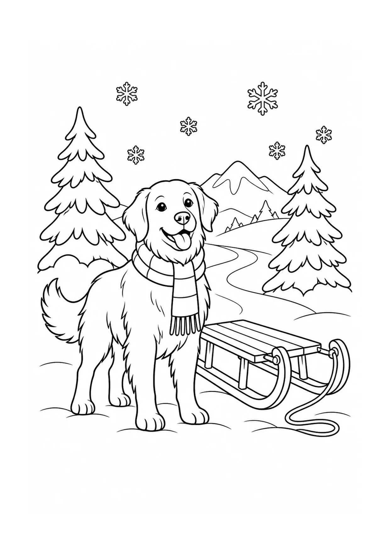 「冬のそりと犬」のぬりえ：犬が雪だまり、松の枝、手袋、降る雪のある冬のそりのそばで待っています。