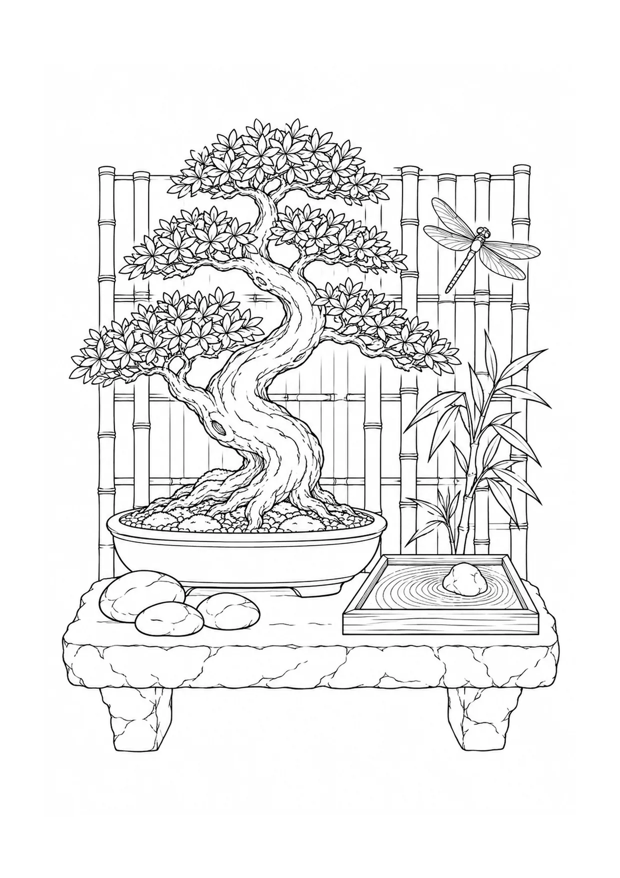 Bonsai on a Stone Shelf coloring page: A bonsai rests on a stone shelf with a shallow pot, curved trunk, pebble tray, and a window beyond.