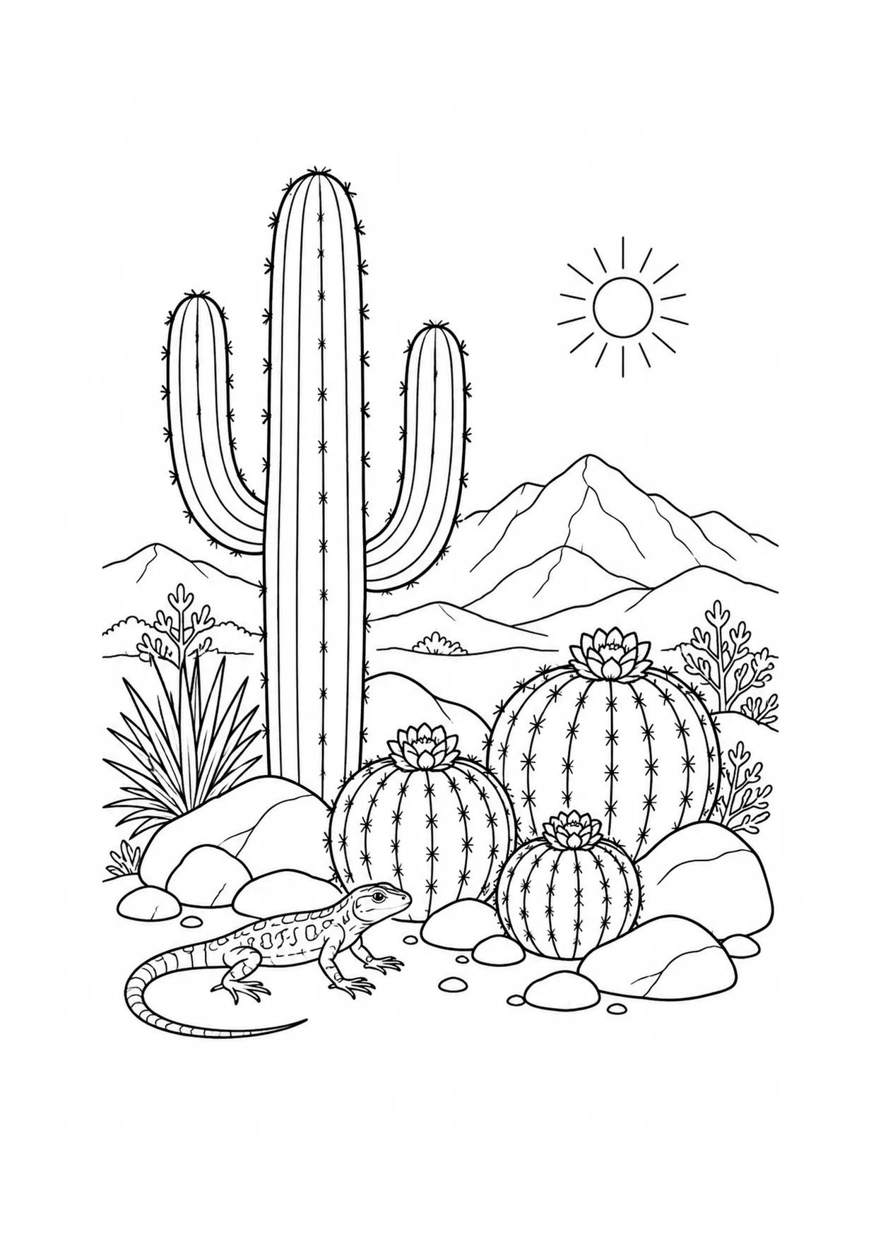 Cactus Rockery Morning coloring page: A cactus rockery gathers spiky plants, smooth stones, a tiny snail, and layered desert-like ground shapes.