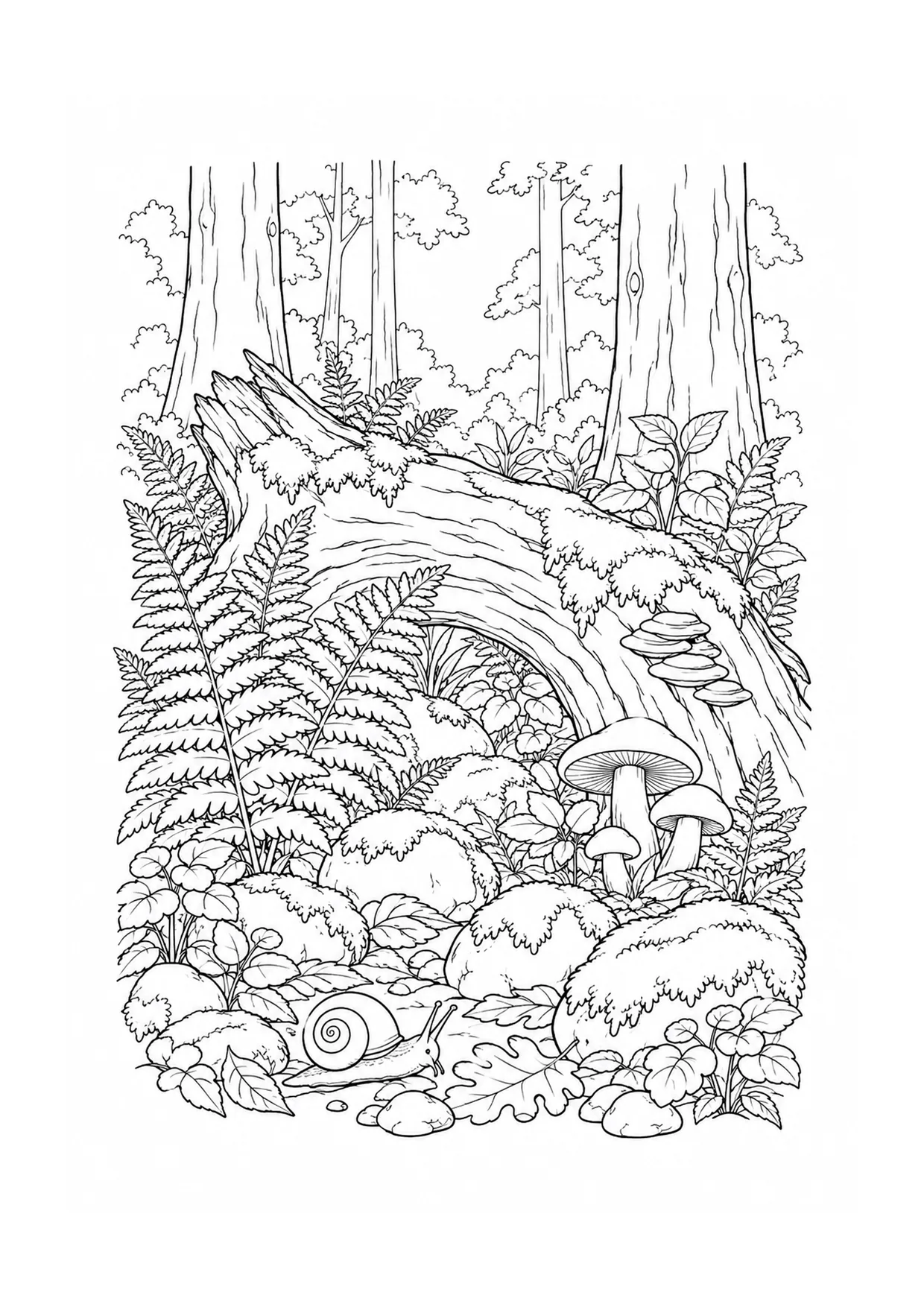 Fern and Moss Woodland Floor coloring page: A woodland floor study layers ferns, mossy stones, fallen leaves, mushrooms, and a small trail through the shade.