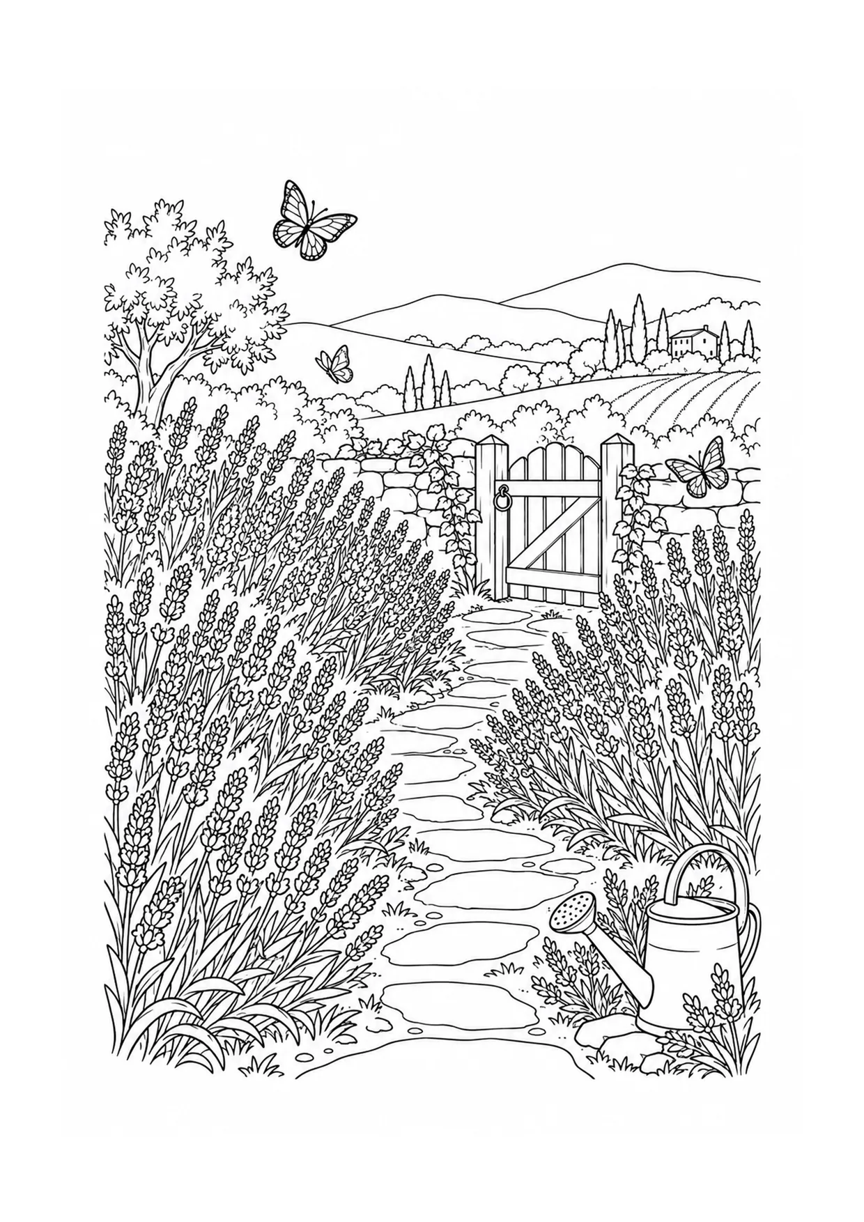 Lavender Path coloring page: A lavender path winds between fragrant flower rows with a garden gate, stepping stones, bees, and distant hills.