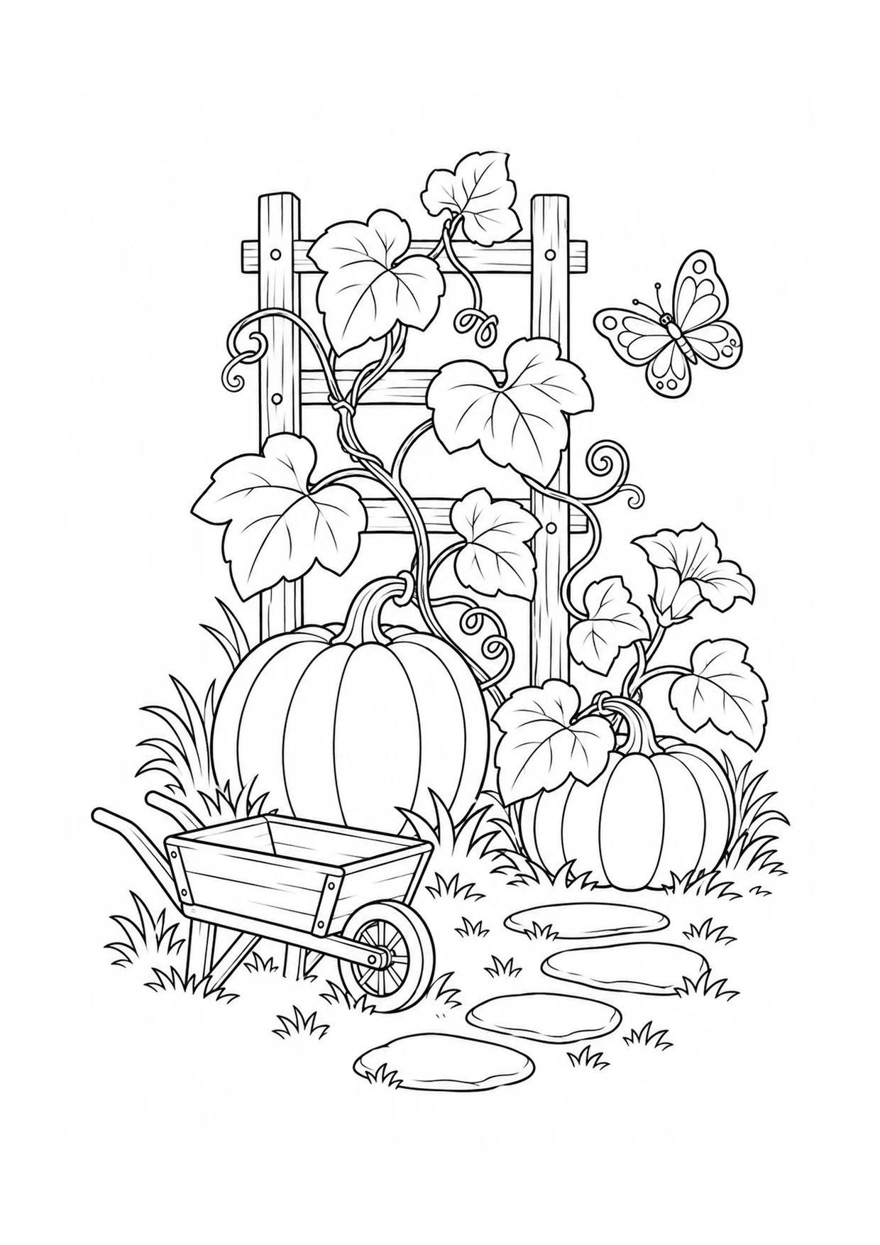Pumpkin Vines on a Trellis coloring page: Pumpkin vines climb a trellis with curling tendrils, broad leaves, blossoms, and a round pumpkin below.