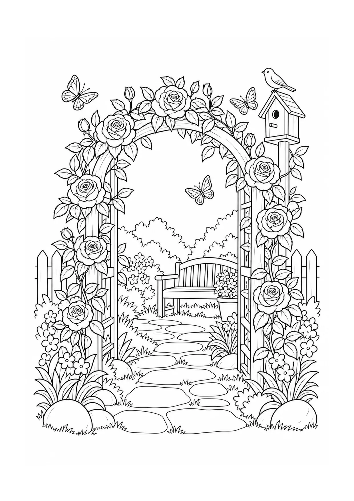 Rose Arbor Garden coloring page: A rose arbor forms a garden tunnel with climbing blooms, a bench, stepping stones, leaves, and a curled vine.