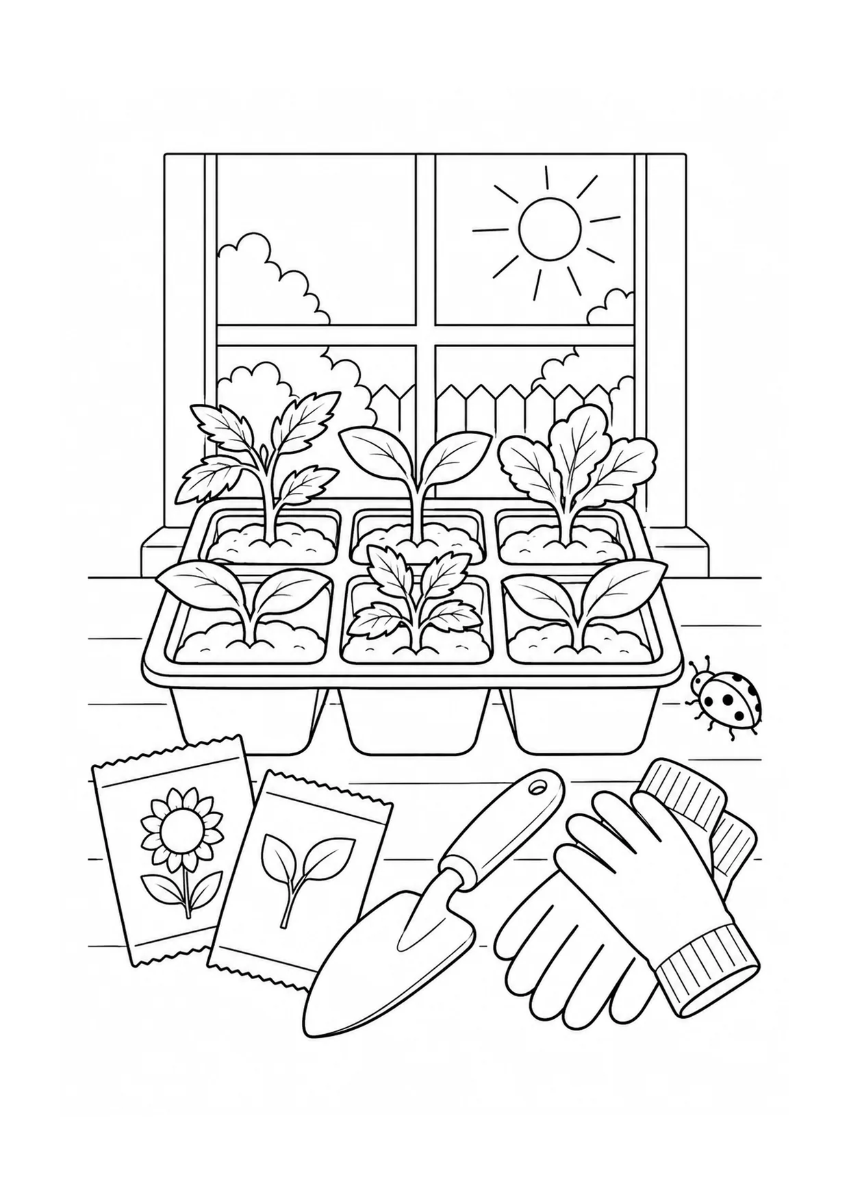 Spring Seedling Tray coloring page: A spring seedling tray holds tiny sprouts, plant labels, a hand trowel, loose soil, and a bright window.