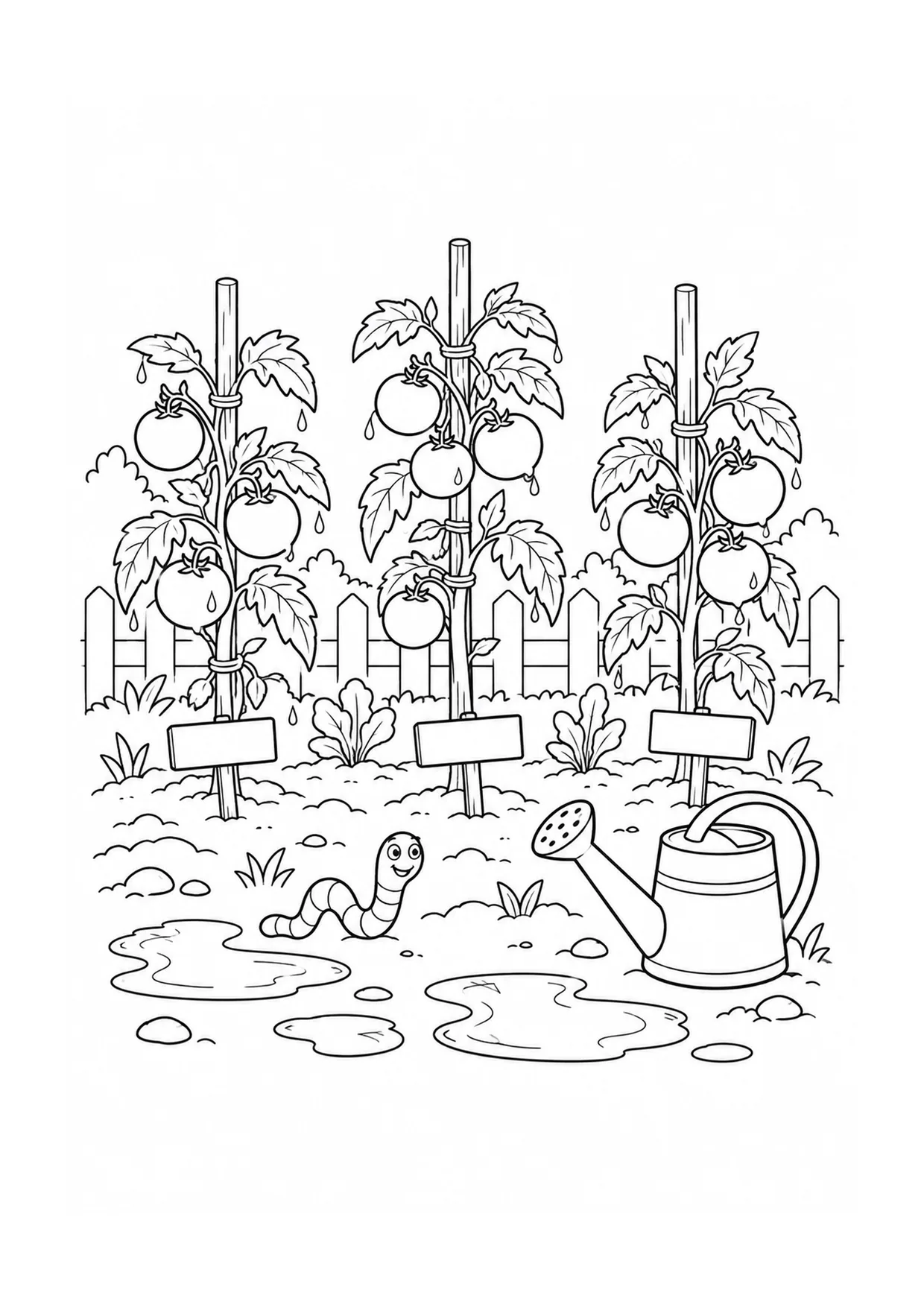 Tomato Plants After Rain coloring page: Tomato plants sparkle after rain with hanging fruit, broad leaves, water drops, a stake, and a puddled path.