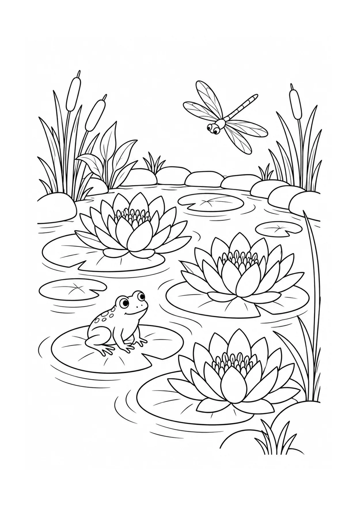 Water Lily Pond coloring page: A water lily pond is framed by lily pads, reeds, a dragonfly, smooth stones, and gentle rings on the water.