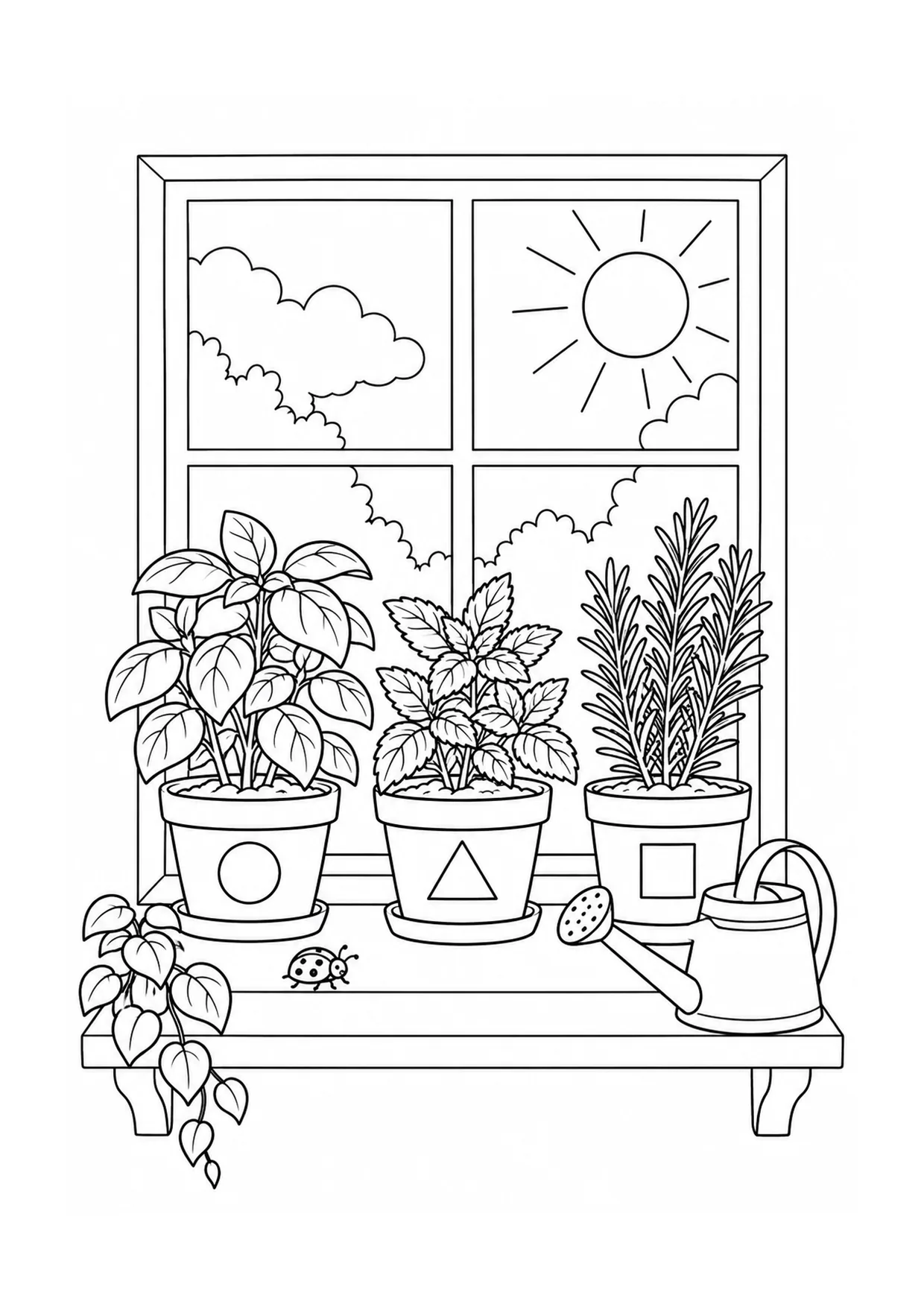 Window Herb Garden coloring page: A sunny window herb garden holds labeled-looking pots of basil, mint, and rosemary beside a small trowel.
