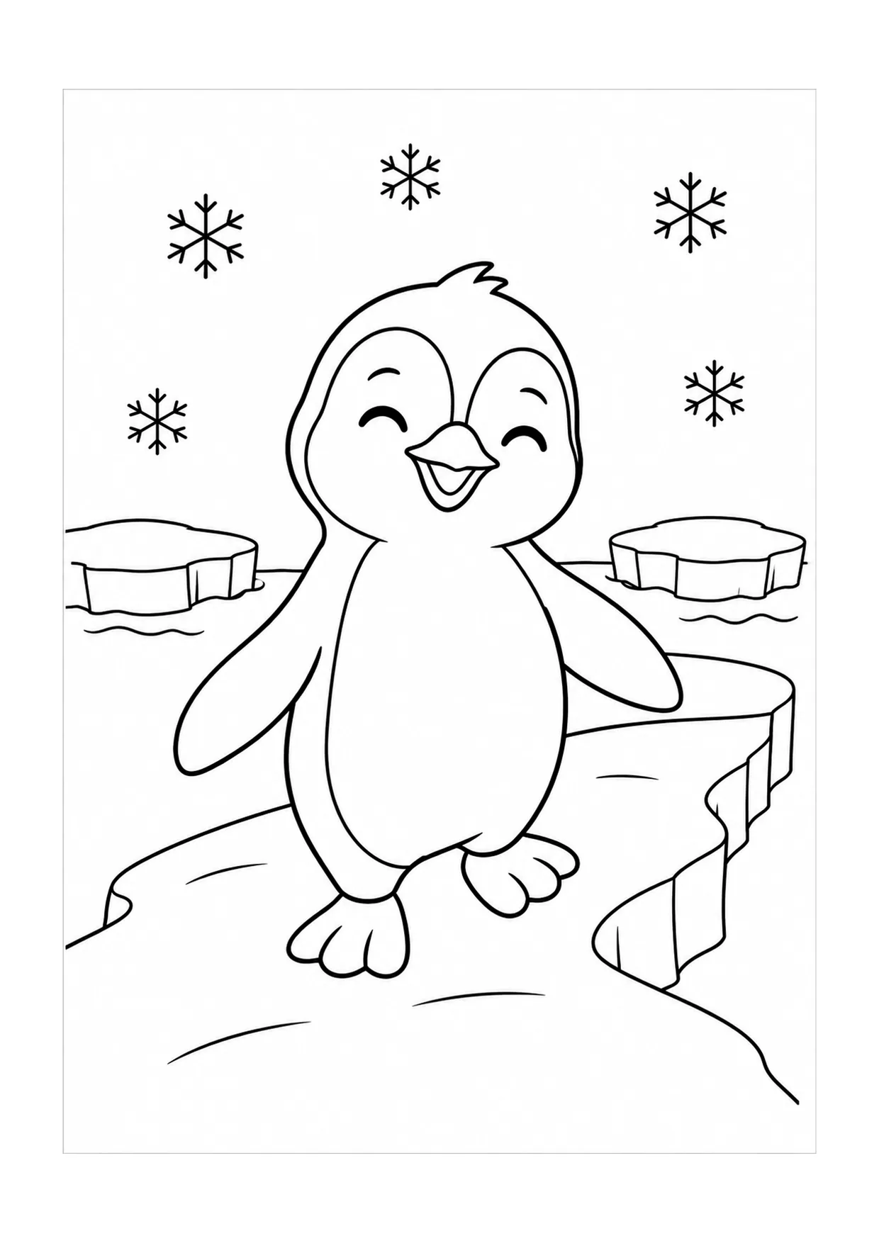 「ペンギンと氷山の道」のぬりえ：ペンギンが氷山の間の雪道を進み、雪の結晶や小さな旗、明るい地平線が見えます。