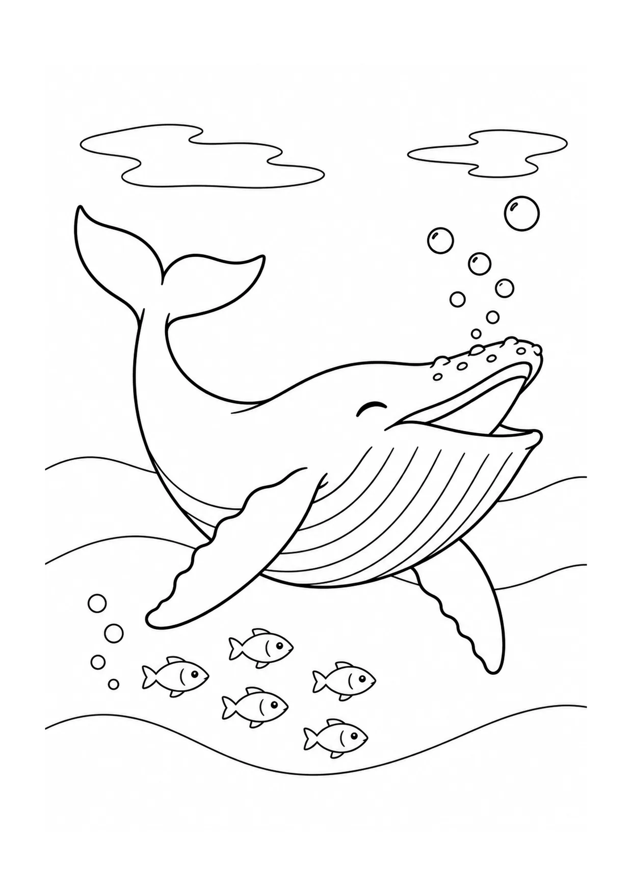 「広い海のクジラの歌」のぬりえ：クジラが音符のような泡の列と重なる波の間を進み、遠くに海鳥が飛んでいます。